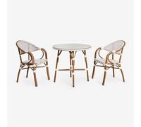Ensemble table ronde Brielle Bistro, Ø80 cm, et deux chaises de salle à manger empilables avec accoudoirs en aluminium. Blanc Gardenia