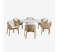 Ensemble Table Ronde En Ciment Namara, Diamètre 140 Cm, Et 6 Chaises De Jardin En Bois D'acacia Leilan.