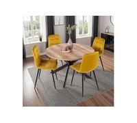 Ensemble table ronde naturel + 4 chaises en velours moutarde - DIALO
