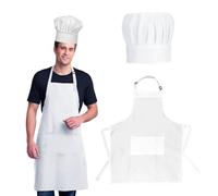 Ensemble tablier de chef et chapeau de cuisine en coton avec 2 poches réglables blanc costume de boulanger adulte tablier de chef tablier de chef pour homme et femme, blanc, Adjustable, One Size Fits