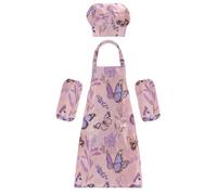 Ensemble tablier de chef fonctionnel chic lavande papillon or rose doré réglable avec poches pour la cuisine, la pâtisserie, la peinture, les travaux manuels 3 à 12 ans, Papillon lavande chic or rose