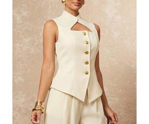 Ensemble tailleur femme à col montant asymétrique, taille cintrée, jambe droite. Nouvelle collection printemps. Luxe, nouvel an, nouvelle allure. Soirée de gala, fête, banquet, modeste, vieux argent,
