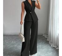 Ensemble tailleur femme élégant pour le bureau, les déplacements, le thé de l'après-midi. Veste blazer sans manches avec col, boucle métallique à la taille et ourlet asymétrique. Pantalon à taille éla
