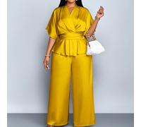Ensemble tailleur femme grande taille mode printemps et été, couleur unie, élégant col V, manches courtes stylées en satin, ourlet asymétrique, pantalon droit à jambes larges, élégant. Ensemble 2 pièc