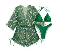 Ensemble Tankini Bikini Dos Trois Pièces Maille Imprimé Plumes Élégant Plage Piscine (Green, S)