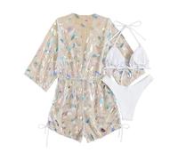 Ensemble Tankini Bikini Dos Trois Pièces Maille Imprimé Plumes Élégant Plage Piscine (White, M)