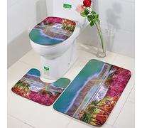 Ensemble Tapis de Bain 3 Set,Décor de cascade, forêt tropicale au Vietnam Laos avec des arbres asiatiques roses et oranges ,WC Tapis Contour Tapis de Salle antidérapant de Doux et Confortable Lavable