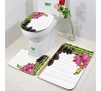 Ensemble Tapis de Bain 3 Set,Spa, belle orchidée rose avec bambous et image de massage aux pierres chaudes noires, blanc ro,WC Tapis Contour Tapis de Salle antidérapant de Doux et Confortable Lavable