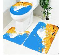 Ensemble Tapis Salle de Bain 3 Pièces Ciel Bleu Nuages Blancs et Feuilles Antidérapant, Tapis de Bain, Tapis WC, Contour WC en U, Housse Couvercle Toilette Jaune Doux Absorbant Lavable
