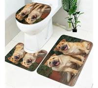 Ensemble Tapis Salle de Bain 3 Pièces Deux Chiens Jaunes Antidérapant, Tapis de Bain, Tapis WC, Contour WC en U, Housse Couvercle Toilette Jaune Doux Absorbant Lavable