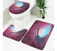 Ensemble Tapis Salle de Bain 3 Pièces Feuilles et Tronc Antidérapant, Tapis de Bain, Tapis WC, Contour WC en U, Housse Couvercle Toilette Rose Doux Absorbant Lavable