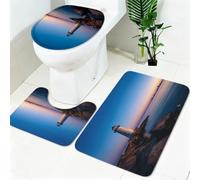 Ensemble Tapis Salle de Bain 3 Pièces mer et Phare Antidérapant, Tapis de Bain, Tapis WC, Contour WC en U, Housse Couvercle Toilette Bleu Doux Absorbant Lavable