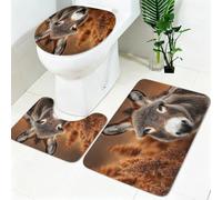 Ensemble Tapis Salle de Bain 3 Pièces Petit âne Antidérapant, Tapis de Bain, Tapis WC, Contour WC en U, Housse Couvercle Toilette Brun Doux Absorbant Lavable
