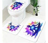 Ensemble Tapis Salle de Bain WC 3 Pièces Méditation du Lotus Tissu Siège Toilette et Housse Couvercle WC Bleu Tapis Antidérapant Doux Absorbant