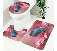 Ensemble Tapis Toilette 3 Pièces Fleurs Oiseau Bleu Antidérapant, Tapis de Bain, Tapis Siège WC, Lavable en Machine Rouge Doux et Absorbant