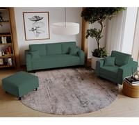 Ensemble tapissé vert avec revêtement en velours côtelé Canapé-lit Monte avec fauteuil et tabouret Ensemble tapissé avec pieds en bois, tissu : poso 14 - vert