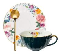 Ensemble tasse à thé et soucoupe en porcelaine anglaise pour une personne, tasse à thé florale de 236,8 g avec cuillère - Tasse à café élégante pour cappuccino et latte, coffret cadeau parfait pour