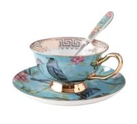 Ensemble tasse à thé et soucoupe pour 1, ensemble de tasse à thé et soucoupe vintage en porcelaine tendre de 250 ml, café élégant décoration table cuisine motif d'oiseaux d'arbr