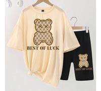 Ensemble tee-shirt et shorts décontracté et créatif pour femmes, avec un imprimé lettre en forme d'ours floral L,M,S,XL,XSCartoon,graphique,LettresTissu tricoté