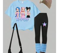 Ensemble tee-shirt rose basique et leggings noirs, coupe décontractée, pour jeune fille. Style créatif et personnalisé avec graphiques de personnage de groupe virtuel, étoiles et slogans. Confortable 