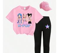 Ensemble tee-shirt rose basique et leggings noirs, style jeune fille décontracté et à la mode. Imprimé graphique personnalisé avec personnage de groupe virtuel, étoiles, cœurs et slogans colorés. Conf