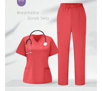 Ensemble tenue d'uniformes pour femmes comprenant un Top à col en V, manches courtes, avec deux poches et un pantalon de même couleur unie L,M,S,XLUnicoloreTissu tissé