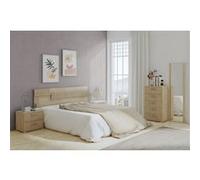 Ensemble tête de lit + 2 tables chevets + chiffonnier + miroir long coloris chêne cambrian/effet textile - -