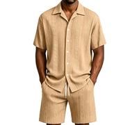 Ensemble Texturé À Rayures Verticales,Composé d'une Chemise À Col Camp Et Manches Courtes Boutonnée Et d'un Short À Cordon De Serrage À La Taille,pour Les Moments De Détente(Khaki,XL)