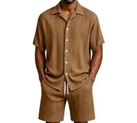 Ensemble Texturé À Rayures Verticales,Composé d'une Chemise À Col Camp Et Manches Courtes Boutonnée Et d'un Short À Cordon De Serrage À La Taille,pour Les Moments De Détente(Brown,XL)