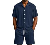 Ensemble Texturé À Rayures Verticales,Composé d'une Chemise À Col Camp Et Manches Courtes Boutonnée Et d'un Short À Cordon De Serrage À La Taille,pour Les Moments De Détente(Blue,XL)