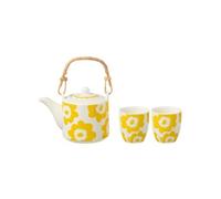 Ensemble théière et 2 tasses en céramique blanche à fleurs jaunes