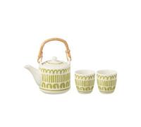 Ensemble théière et 2 tasses en céramique blanche à rayures vertes