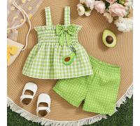 Ensemble Top à bretelles câble tricoté et short à pois pour bébé fille, avec motif avocado brodé et nœud 9-12M,12-18M,18-24M,2-3YPlantesÉtoffe