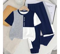 Ensemble Top à manches courtes col rond et pantalon pour bébés garçons, style minimaliste décontracté. Imprimé patchwork bicolore classique, avec imprimé texte "New York" ville classique 6-9M,9-12M,12