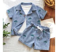Ensemble Top à manches courtes et pantalon en jean bleu délavé imprimé palmiers pour bébés garçons, nouvel arrivage, indispensable mode pour les vacances d'été ! Fabriqué en tissu de jean doux et déla
