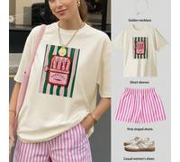 Ensemble top à manches courtes et short rayé imprimé poisson, imprimé léopard, pois, carreaux, élégant, sportif, fête, gym, été, festival de juin, tenue femme abricot, top abricot, tenue de plage femm