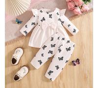 Ensemble Top à manches longues col ras du cou et pantalon assortis confortables avec imprimé papillon mignon pour bébé, printemps/été 6-9M,0-1M,1-3M,3-6MAnimalÉtoffe
