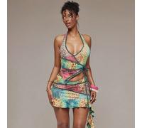 Ensemble top ajusté à col halter avec bordure contrastée à imprimé floral animal et mini-jupe à volants coordonné. Printemps-été, Ibiza, vacances, mignon, sexy, Y2K, sortie de nuit, club, séduction tr