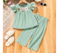 Ensemble Top avec manches à volants et pantalon ample de taille haute avec broderie florale pour jeune fille, couleur vert fraîche, convient pour le port quotidien et les sorties au printemps/été, con
