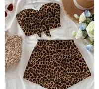 Ensemble top bandeau noué décontracté et short mini à imprimé léopard pour femmes, adapté à l'été L,M,S,XSUnicoloreTissu tricoté