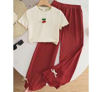 Ensemble top body jacquard à fleurs tridimensionnelles abricot rouge et pantalon large texturé à nœud de couleur contrastante pour adolescentes 14Y,13Y,16Y,15YBlocs de couleurTissu tricoté