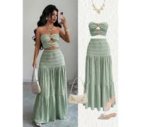Ensemble Top Bustier Court en Tricot Jacquard Vert Sauge avec Design Fleur Métallique Creuse à l'Avant Associé à une Jupe Maxi Fluide Style décontracté Tropical Sexy de Plage d'Été L,M,S,XLUnicoloreTi