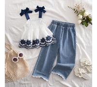 Ensemble top camisole avec nœud brodé style campagne française pour jeune fille, associé à un pantalon en jean bleu vintage, tenue confortable pour le quotidien en été 6Y,7Y,8Y,4Y,5YGéométriqueJean,Ti