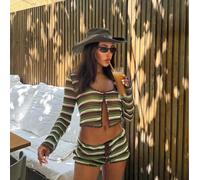 Ensemble top court et short blocs de couleurs élégant rayé d'été pour femmes Senya, convient pour la plage, les fêtes et les vacances au bord de L,M,S,XL,XSRayéTricots