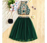 Ensemble Top court imprimé et jupe en maille pour pré-adolescentes, idéal pour les vacances d'été, les jours fériés, l'été et les voyages 8Y,9Y,10Y,11Y,12YBlocs de couleur,Floral,PlantesTissu tissé