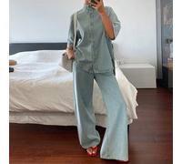 Ensemble top et jupe en denim bleu clair lavé à manches courtes avec col et boutons pour femmes L,M,S,XLUnicoloreJean