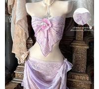 Ensemble top tube sans dos et mini-jupe à imprimé floral violet pour femmes, nouvelle collection printemps/été. Top court froncé sexy + jupe portefeuille 2 pièces, idéal pour les vacances et les prome