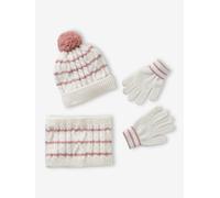Ensemble torsadé fille bonnet + snood + moufles/gants écru 4/6A