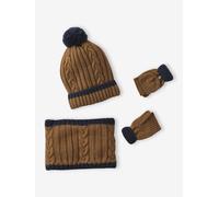 Ensemble torsadé garçon bonnet + snood + moufles/gants ocre 4/6A