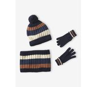Ensemble tricolore garçon bonnet + snood + moufles/gants bleu nuit 12/14A